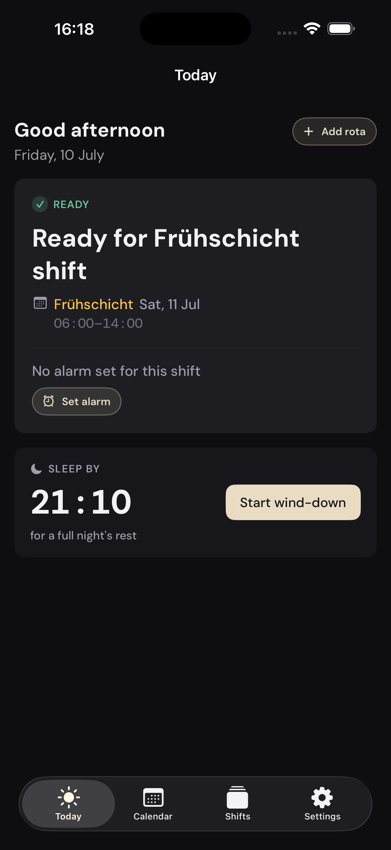 Shiftmate Today screen showing the next shift, readiness, and a sleep-by time