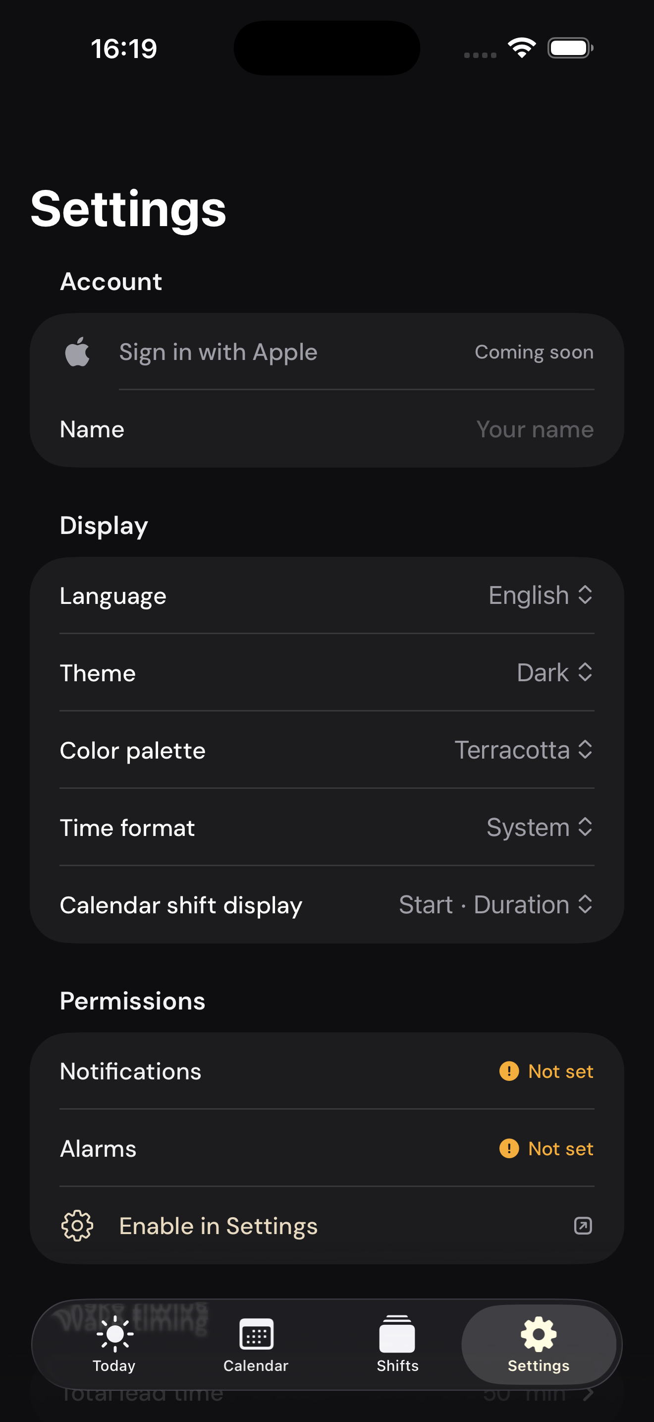 Settings screen with language, theme, and colour palette options
