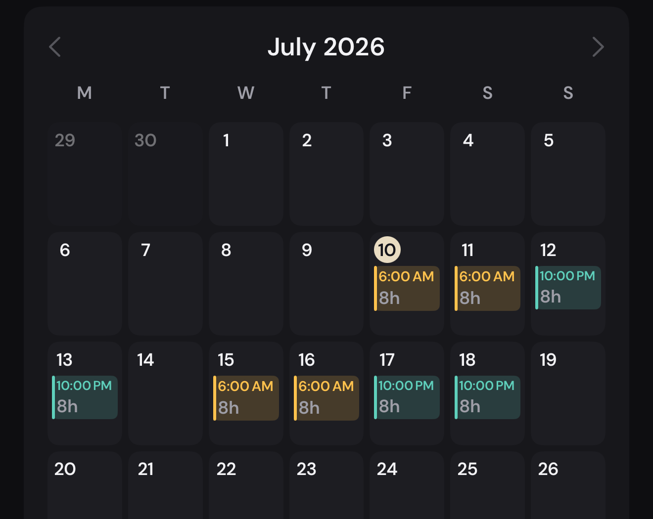 Review screen: eight shifts laid out on a calendar, ready to confirm