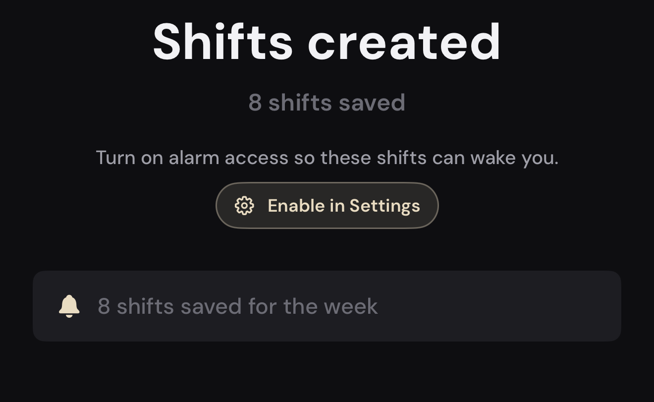 Confirmation screen: shifts created and saved for the week