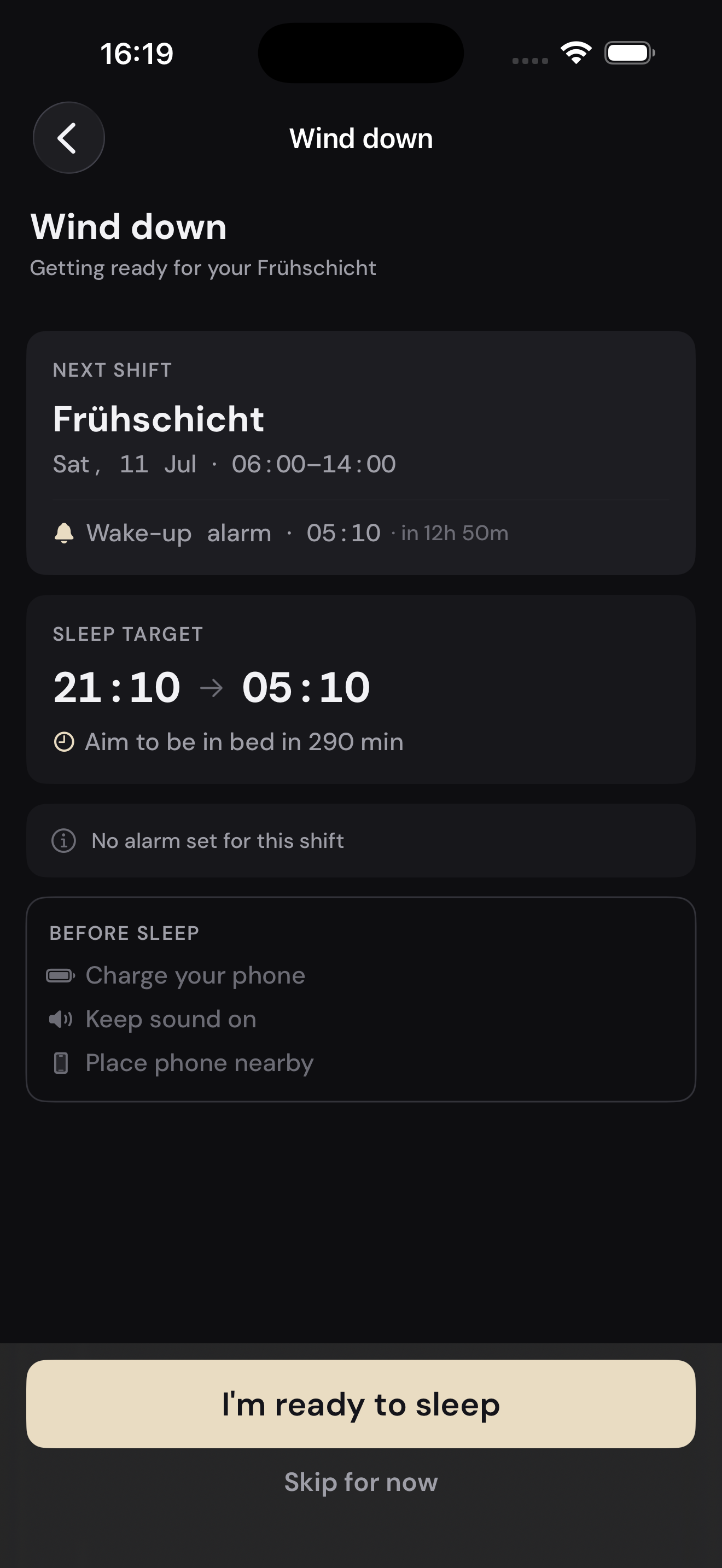Wind-down screen with a sleep target and a before-sleep checklist